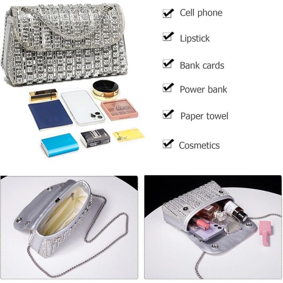 Rhinestone Clutch for Women's Sparkly Shoulder Bag for Evening & Party -SILVER - Picture 4 of 9